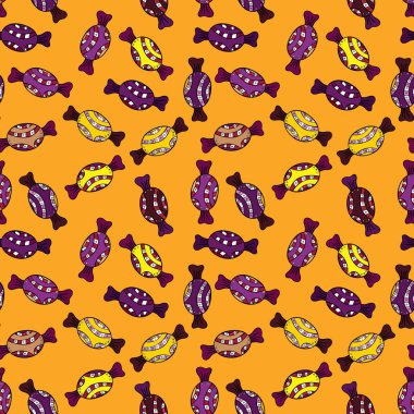 Sarı, mor ve siyah arka plan üzerinde renkli şeker serpin, şeker ya da fırın tasarım. Parlak sorunsuz vektör konfeti model parti.