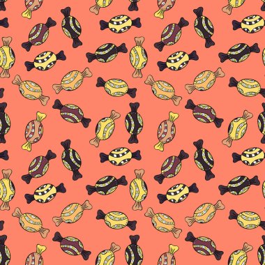 Tekstil, kartlar, için tatlı web tasarım: lezzetli gerçekçi seamles arka plan: grafik fantastik şeker. Şeker pembe, siyah ve sarı ile vektör seamless modeli.