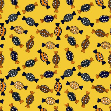 Parlak sorunsuz vektör konfeti model parti. Sarı, siyah, turuncu, mavi ve kahverengi arka plan üzerinde renkli şeker serpin, şeker veya fırın tasarım.