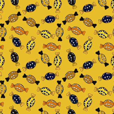 Vektör çizim. Dikişsiz desen suluboya tatlılar şekerlemeler ile elle çizilmiş bir sarı, siyah ve turuncu arka plan üzerinde izole..