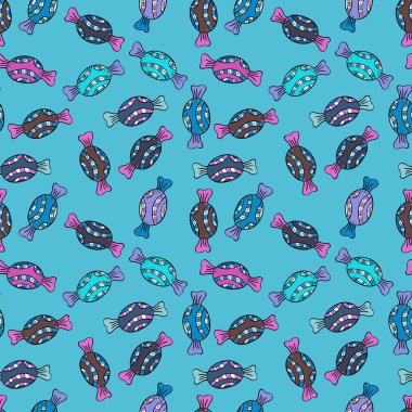 İzole. Mavi, siyah ve mor sürümü. Vektör çizim. Sevimli ve renkli şeker tatlı seamless modeli mavi, siyah ve mor zemin üzerine.