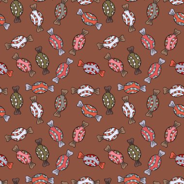 Vektör çizim. İzole. Kahverengi, siyah ve gri sürümü. Kahverengi, siyah ve gri arka plan üzerinde sevimli ve renkli şeker tatlı seamless modeli.