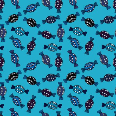 Vektör. Renkli şeker seamless modeli. Mavi, siyah, kahverengi, mor ve beyaz renkler.