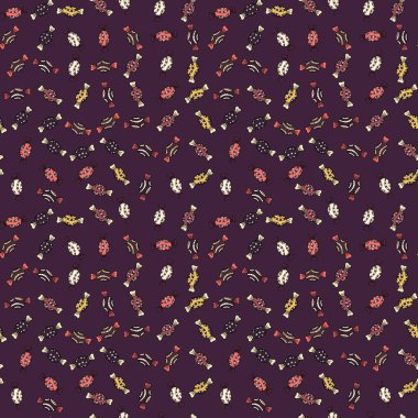 İlginç, Soyut El çekilmiş sorunsuz vektör şeker desen. Cadılar Bayramı davranır mor, kahverengi ve siyah arka plan üzerinde renkli, retro el resimli.