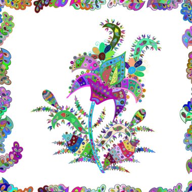 Doodle çiçek seamless modeli. Sanat inspiwhite, yeşil ve mavi tarzı çiçekler ve arka plan bırakır. Vektör desen. Beyaz, yeşil ve mavi elle çizilmiş desen.