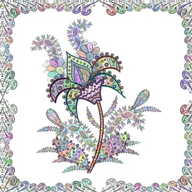 Sorunsuz arka plan. Vektör çizim. Kumaş, tekstil, duvar kağıdı üzerinde baskı için. Vintage retro tarzı. Renkli desenli, beyaz, tarafsız ve mavi çiçekler ve dekoratif öğeler ile Seamless modeli