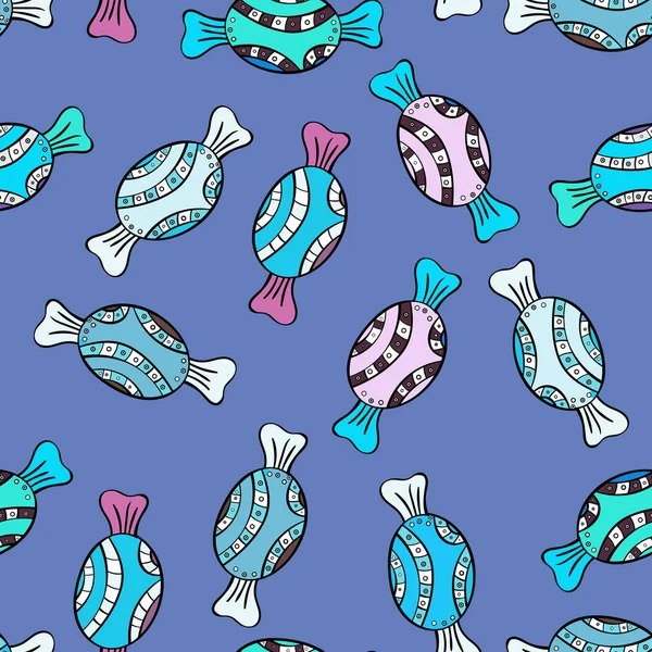 Vektör. Sevimli çizgi renkli kesintisiz vektör desenle şeker ve pamuk helva. Şeker mavi, siyah ve nötr renkler.