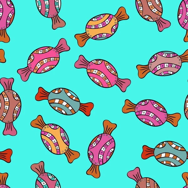 Vektör. Mavi, pembe ve siyah arka plan ile şirin el çekilmiş tatlı illüstrasyon seamless modeli.