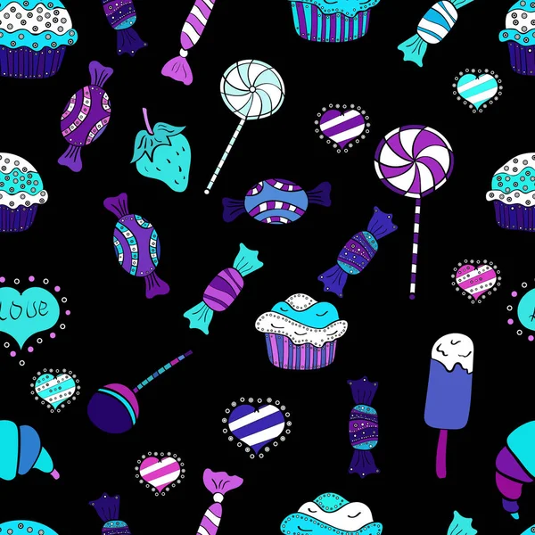 Vektör şeker mavi, siyah ve beyaz ile seamless modeli. Tekstil, kartlar, için tatlı web tasarım: lezzetli gerçekçi seamles arka plan: grafik fantastik şeker.