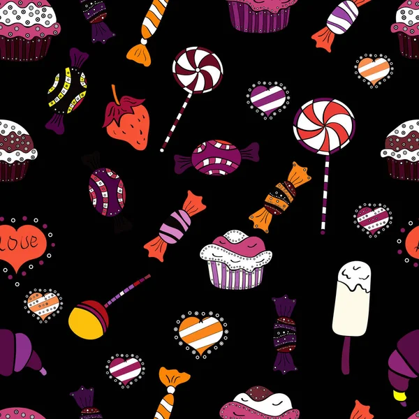 Beyaz, mor ve siyah arka plan ile şirin el çekilmiş tatlı illüstrasyon seamless modeli. Vektör.