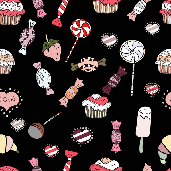 Vektör siyah, beyaz ve pembe şeker ile seamless modeli. Tekstil, kartlar, için tatlı web tasarım: lezzetli gerçekçi seamles arka plan: grafik fantastik şeker.