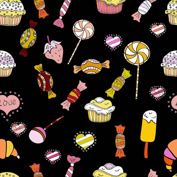 Dikişsiz desen suluboya tatlılar şekerlemeler ile elle çizilmiş bir siyah, sarı ve beyaz arka plan üzerinde izole. Vektör çizim.