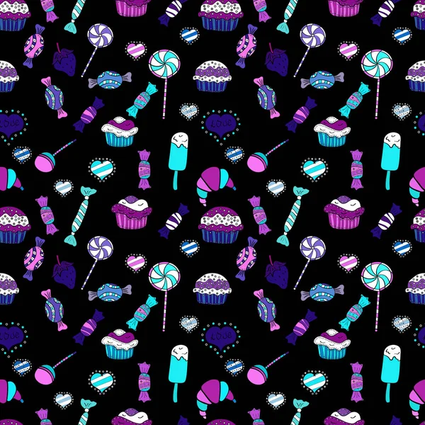 Siyah, mavi ve beyaz renkler. Şeker soyut geometrik tarzı ile renkli seamless modeli. Trendy vektör arka plan.