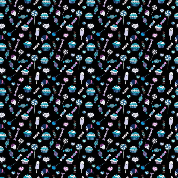 Parlak sorunsuz vektör konfeti model parti. Siyah, mavi ve gri arka plan üzerinde renkli şeker serpin, şeker veya fırın tasarım.