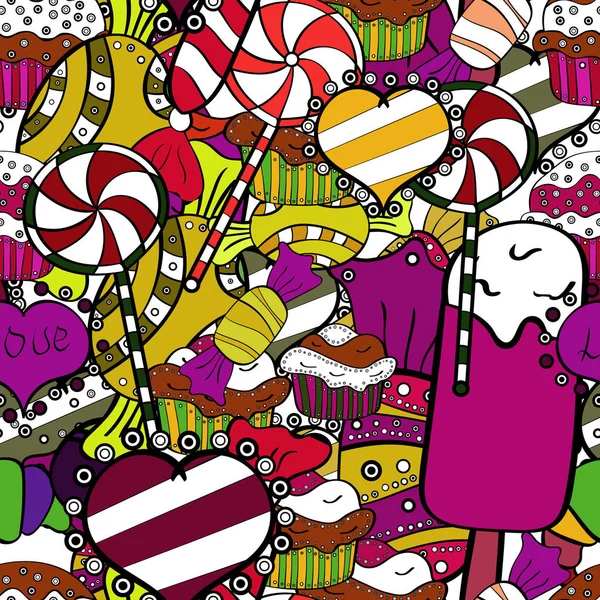 お菓子や綿菓子をかわいい漫画カラフルなシームレス パターン 黄色の色味のキャンディー ベクトル — ストックベクタ