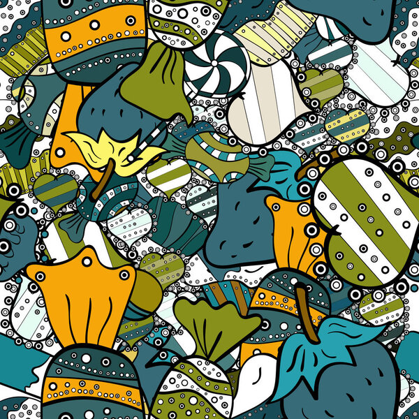 Cute and colorful candy sweet seamless pattern on black, blue and white background. Black, blue and white version. Vector illustration. Isolated.