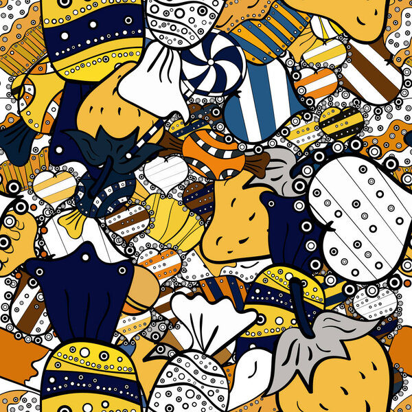 Trendy vector background. On white, black and yellow colors. Colorful seamless pattern with candy abstract geometric style.