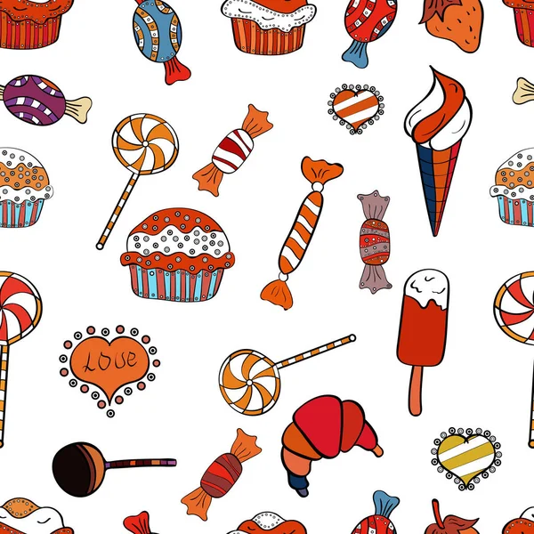 Beyaz, turuncu ve siyah renkler şekerler. Vektör. Sevimli çizgi renkli kesintisiz vektör desenle şeker ve pamuk şeker.