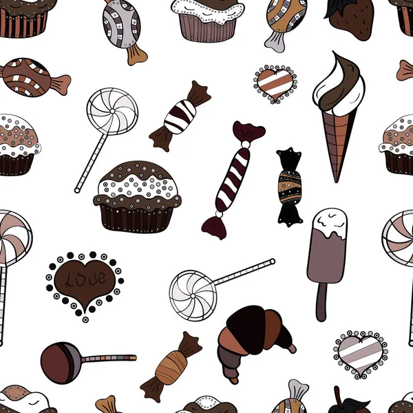Şeker vektör doodle. Suluboya tatlılar şekerlemeler ile Seamless modeli. Beyaz, kahverengi ve siyah renk.