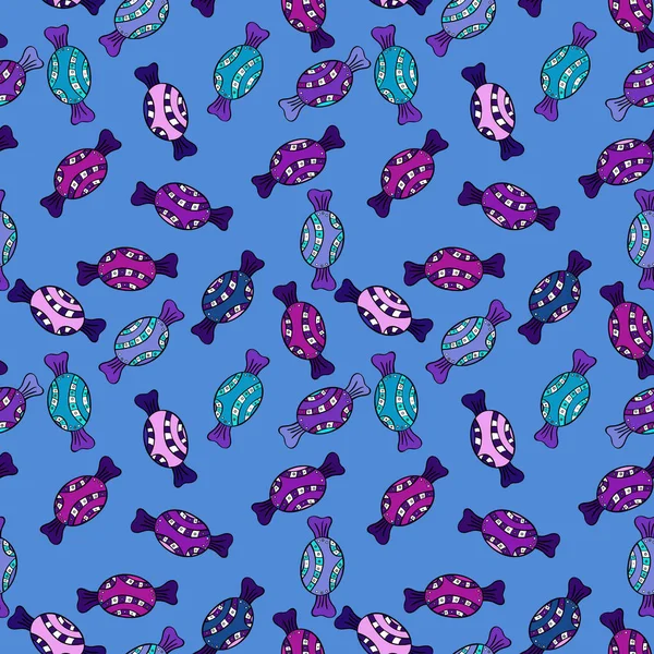 Mavi, mor, siyah ve mor zemin üzerine şeker ile Noel vektör seamless modeli. Yeni yıl vektör çizim. Noel hediyeleri için kağıt ambalaj.