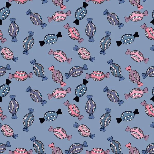 Sevimli çizgi renkli kesintisiz vektör desenle şeker ve pamuk helva. Mavi, siyah ve nötr renkler şekerler. Vektör.