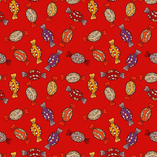 Renkli, retro el Cadılar Bayramı davranır bir kırmızı, siyah ve turuncu zemin üzerine resimli. İlginç, Soyut El çekilmiş sorunsuz vektör şeker desen.