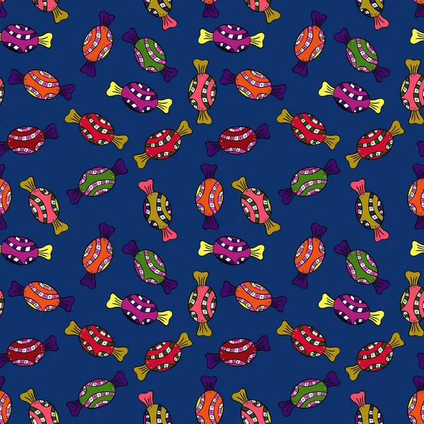 Oyun, kartpostal, davet ve web tasarımı için. Düz stil vektör çizim. Mavi, siyah ve sarı zemin üzerine şeker. Sorunsuz şekerler.