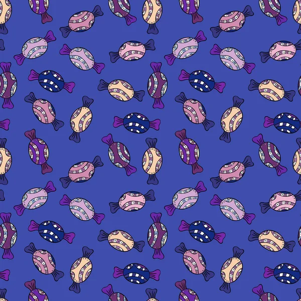 Sevimli ve renkli şeker tatlı seamless modeli mor, siyah ve mavi arka plan üzerinde. Vektör çizim. Mor, siyah ve mavi sürümü. İzole.