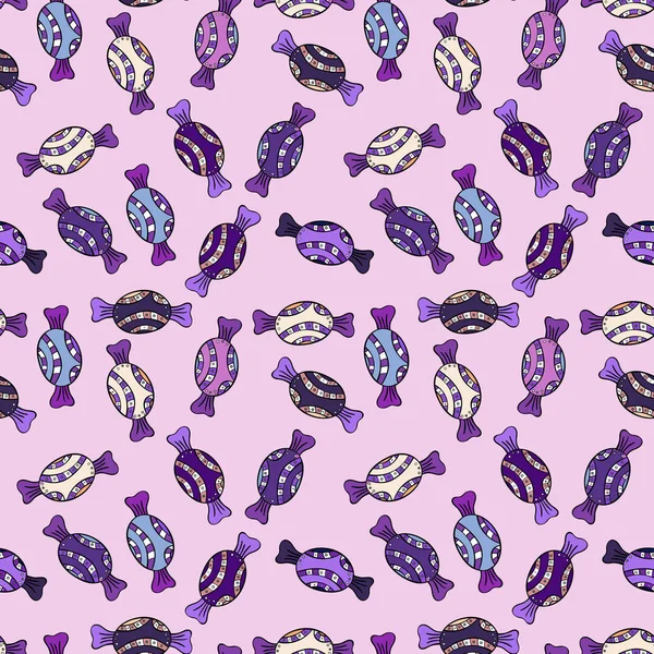 Vektör. Sevimli çizgi renkli kesintisiz vektör desenle şeker ve pamuk helva. Bağımsız, mor, siyah, bej ve beyaz renkler şekerler.