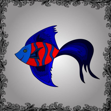 Handdrawn. Vektör çizim. Renkli arka plan üzerinde balık reaver. Seamless modeli. Balıklar beyaz, siyah ve mavi.