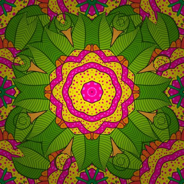 Düz çiçek öğeleri tasarım. Yaz tema Dikişsiz desen arka plan rengi. Sevimli çiçek vektör desen. Yeşil, sarı ve kırmızı renklerde çiçekler.