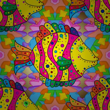 Sorunsuz. Vektör. Nakış deniz yaşamını, deniz kabukları, tropikal balıklar. Modern giyimleri, t-shirt tasarım. Klasik nakış tropikal deniz, dalga, balıklar, kesintisiz moda deseni.