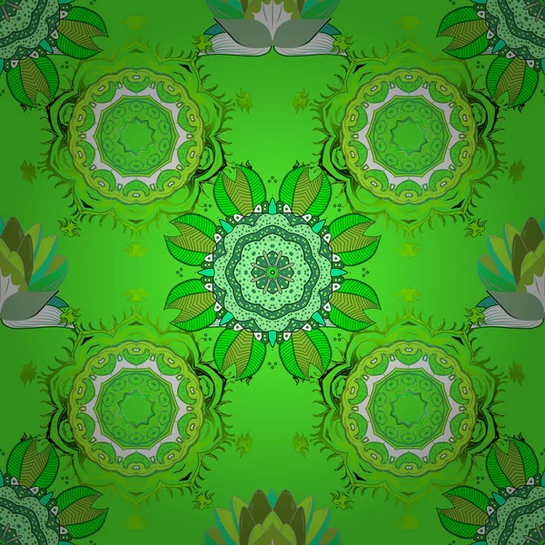 在矢量插图中的无缝花卉图案 彩色弹簧主题无缝图案背景 花绿色 白色和中性的颜色 平面花元素设计 — 图库矢量图片