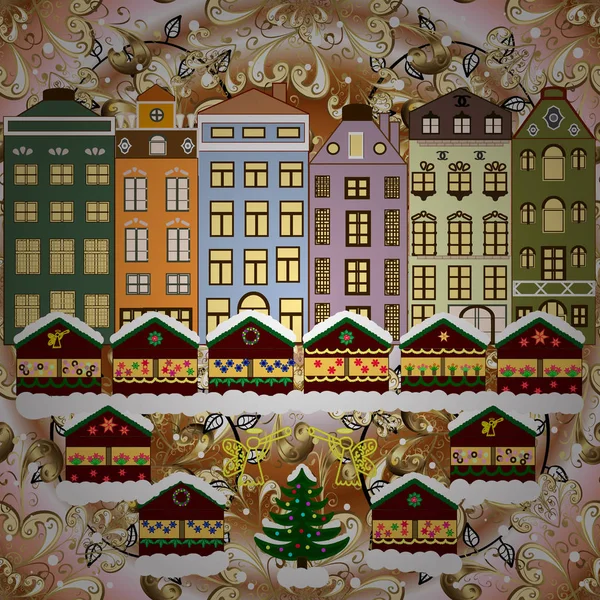 Векторная Иллюстрация Ночной Вектор Зима Рождественский Городской Пейзаж — стоковый вектор