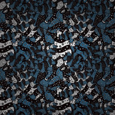 Dikişsiz desen arka plan. Vektör çizim. Suluboya, elle çizilmiş. Tasarım ve hediye paketleme kağıt, tebrik kartları, afiş ve posterler tasarım. Siyah, mavi ve beyaz renkler üzerinde karalamalar. -hisse senedi.