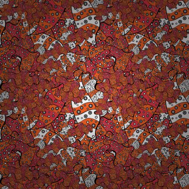 Vektör. Dikişsiz güzel kumaş desen. Doodles'ın turuncu, siyah, pembe, beyaz ve gri renkler.