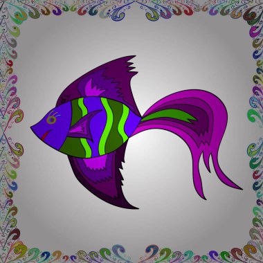 Handdrawn. Vektör çizim. Balık tarzı doodle. Sorunsuz. Beyaz, mor ve yeşil üzerinde balıklar.