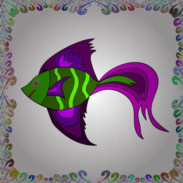 Tatlı su balık seti. Balık farklı türleri. Vektör çizim. Sorunsuz. Beyaz, yeşil ve mor renkler üzerinde sevimli balıklar.