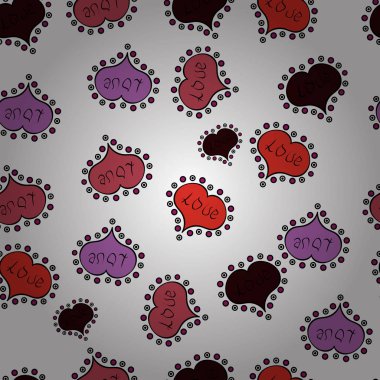 Vektör. Grafik kalpleri üzerinde beyaz, siyah, mor, pembe, kahverengi renkleri seviyorum. Şirin yazı hat metin ve kalpleri, zarflar, ile Seamless modeli doodles. Çizilen illüstrasyon karikatür tarzı el.