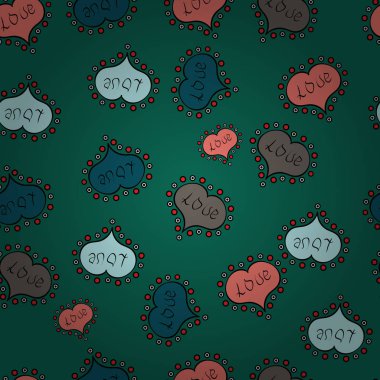 Elle çizilmiş sembolleri ile arka plan. Sorunsuz vektör desen yürekleri. Kroki tarzı yeşil, siyah, bağımsız, mavi ve pembe renkleri çizim. Dekor, yüzey, kartları, arka planlar, tekstil, yazdırma.