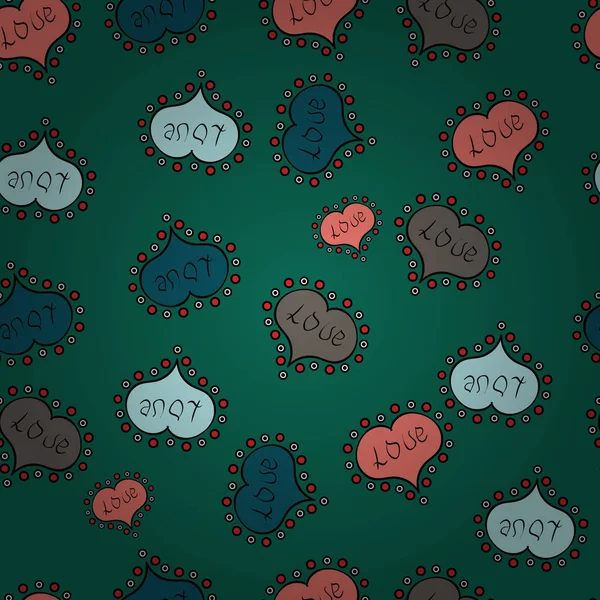 Elle çizilmiş sembolleri ile arka plan. Sorunsuz vektör desen yürekleri. Kroki tarzı yeşil, siyah, bağımsız, mavi ve pembe renkleri çizim. Dekor, yüzey, kartları, arka planlar, tekstil, yazdırma.