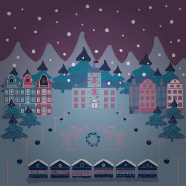 Nordic doğa manzara kavramı. Tekstil, çocuk odası duvar kağıdı için mükemmel. House, ağaçlar ve dağlar mavi, mor ve nötr renkler üzerinde çizilmiş vektör soyut İskandinav grafik illüstrasyon el