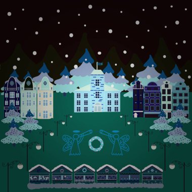 Christmas illüstrasyon yeşil, siyah ve mavi renkler. Vektör çizim. Vektör desen çeşitli karikatür evleriyle.