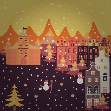 Vektör. Bulutlu kış manzarası. Yalnız ev bir tepe üzerinde. Kış. Sarı, mor ve turuncu renkler christmas illüstrasyon. Dağ manzarası.