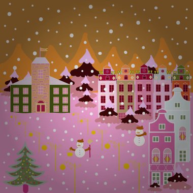 Binalar pembe, bej ve nötr renkler. Vektör çizim. Ağaçları tepelerde ile renkli parlak evleri.