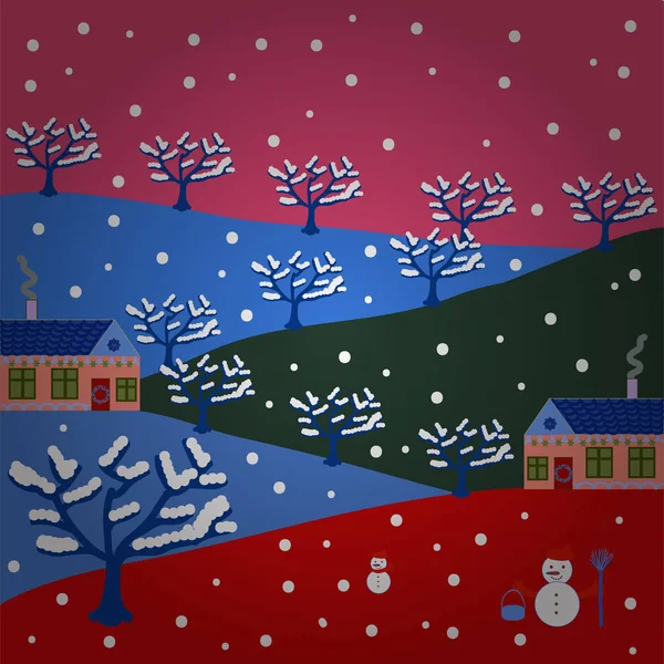 크리스마스 교외의 그리기 눈사람 만들기와 분홍색 파란색 빨간색과 색상에 일러스트 — 스톡 벡터