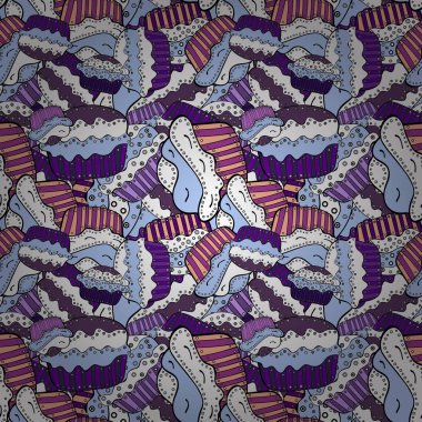 Vektör çizim. Dikişsiz desen elle çizilmiş lezzetli kekler beyaz, tarafsız, siyah, mor ve mor. Güzel yemek tasarım öğeleri, baskılar ve desenler için mükemmel.