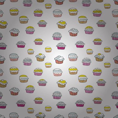 Cupcake, macaron, kurabiye. Seamless modeli. Sorunsuz arka plan kek. Şirin Doğum günü arka plan üzerinde beyaz, gri, siyah, sarı ve pembe. Vektör çizim. Suluboya resim.