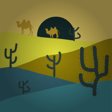 Vektör çizim. Ufuk çizgisi ile gök. Afrika exploring. Sands. Kuşlar. Çöl gezisi. Dağlar. Sarı, yeşil ve mavi renkleri tasarlayın. Doğaya geri. Aşırı Turizm ve seyahat.