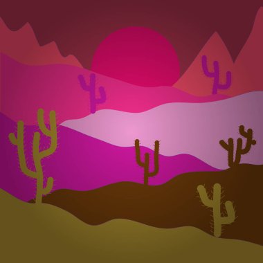 Sunset Bulvarında bir dağ manzarası olan bir arka planda. Vektör oyun grafiği. Arka plan manzara çöl ve kaktüs pembe, sarı ve mor renkler ile.
